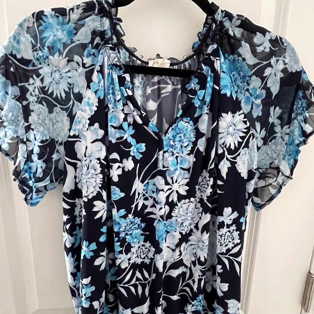 Women’s Top - Black/Blue/White flower design.